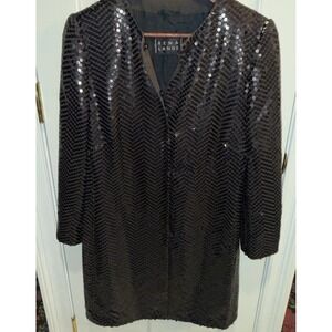 RENA LANGE Women's Vintage Black Sequined Coat Silk Long Sleeve Mid Length